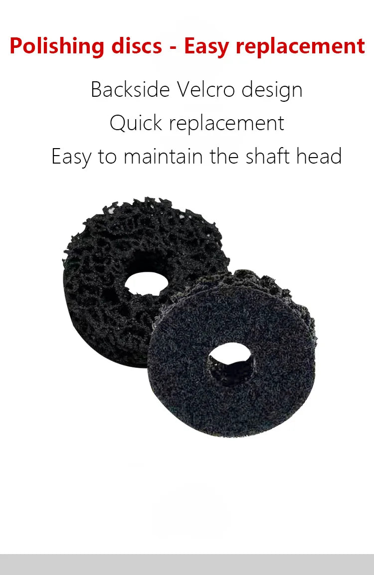 Two black polishing discs with backside velcro design shown for easy replacement and shaft head maintenance
