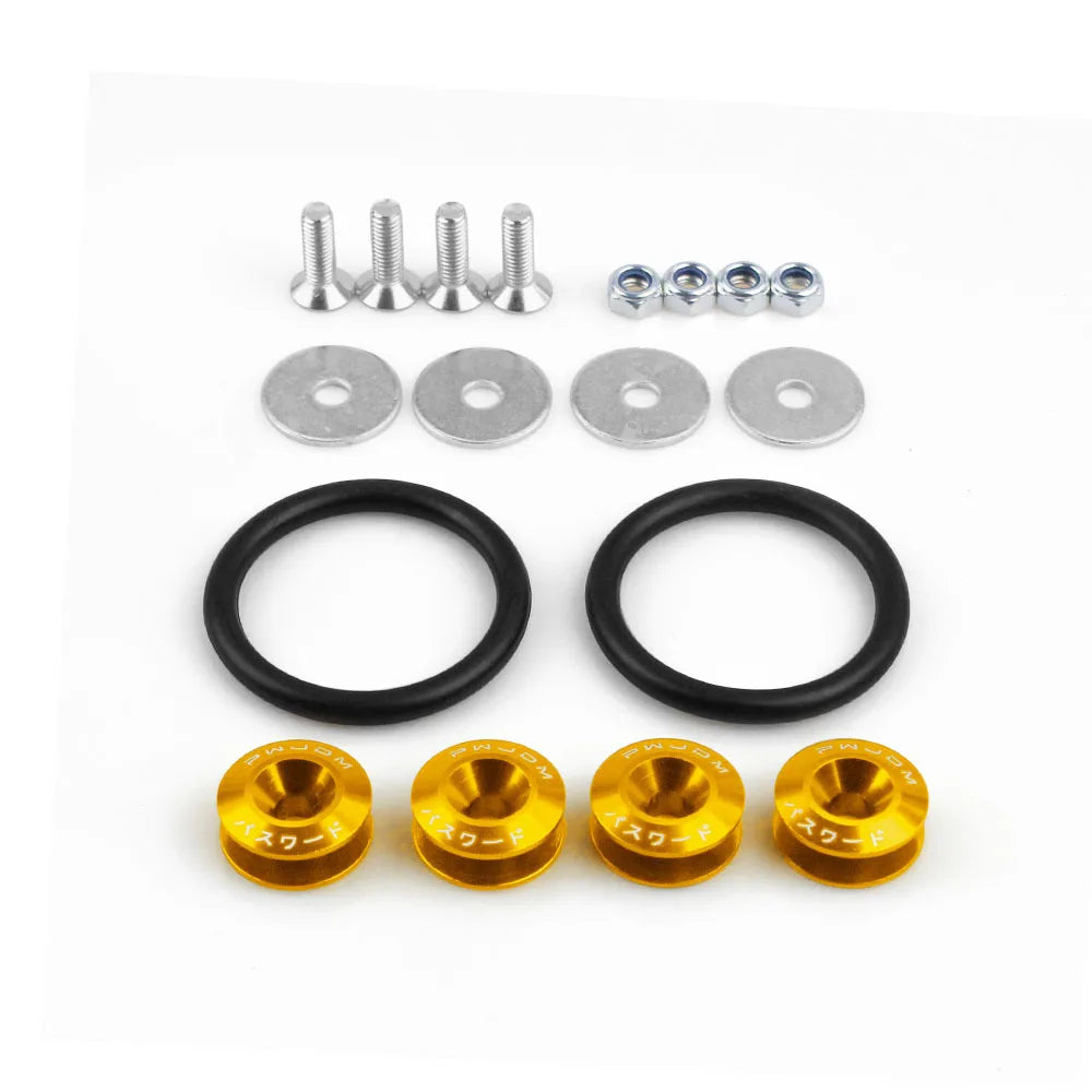 A collection of aluminum quick release fasteners, including various sizes of pins and rings.