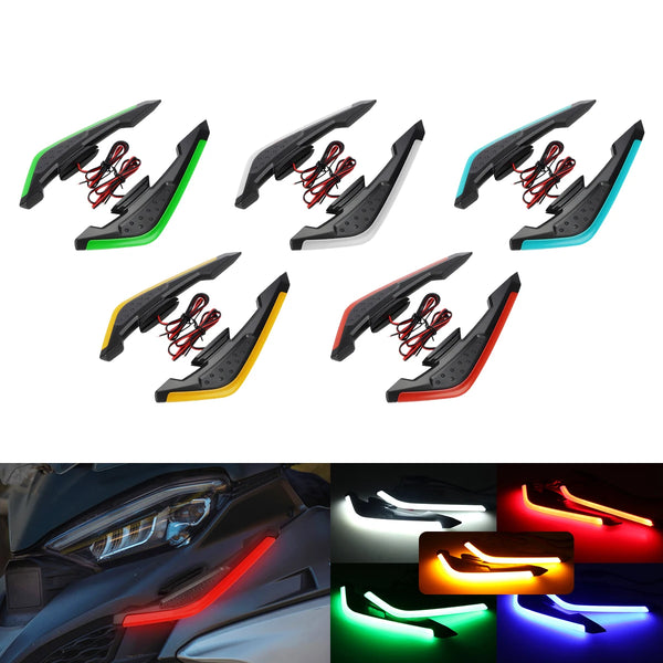 Various colored motorcycle front spoiler winglets with integrated LED lights shown from different angles