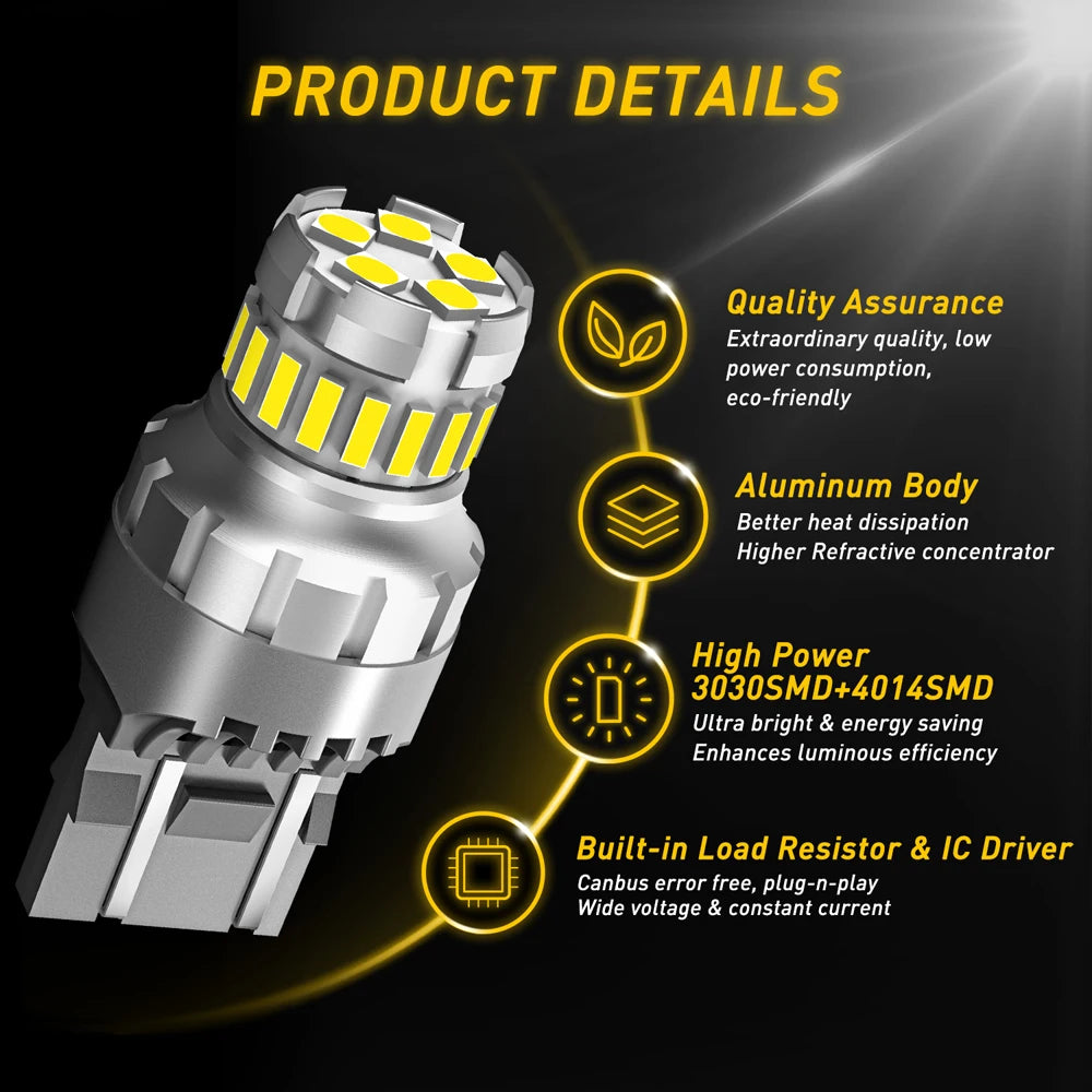 A silver T20 LED parking and DRL bulb set with an aluminum body and yellow light elements.