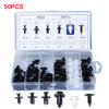 A set of 50 pieces of various size and type fastener clips for automotive body trim, including push-type and trim-type retain