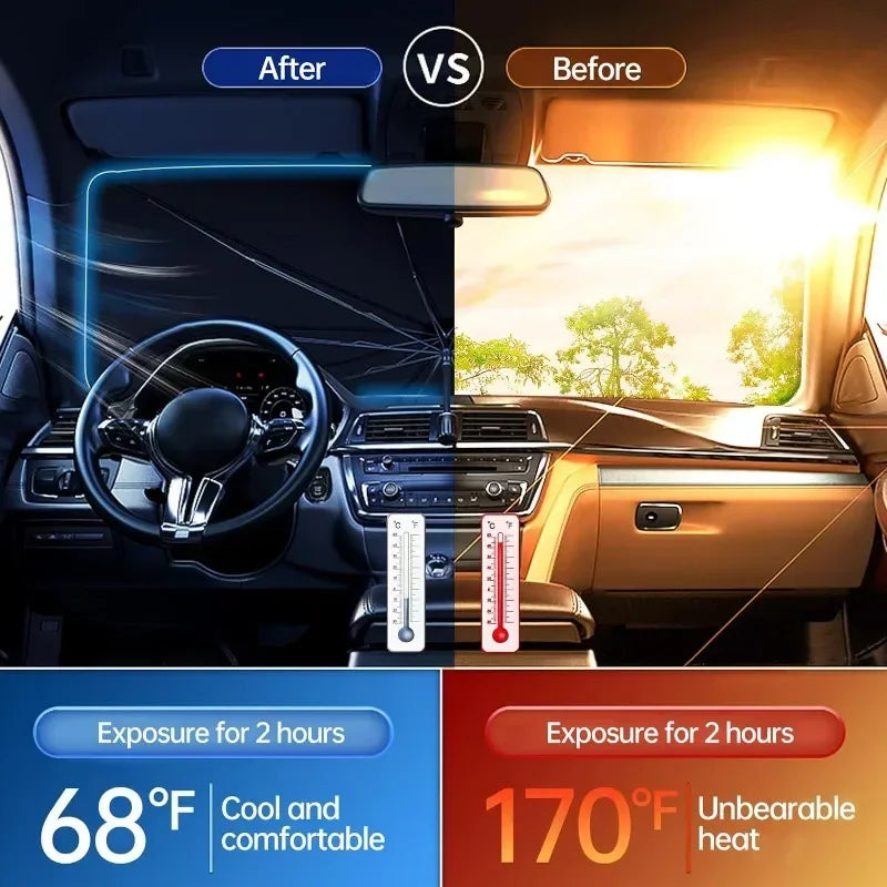 Comparison of a car interior before and after using a retractable sunshade for heat protection