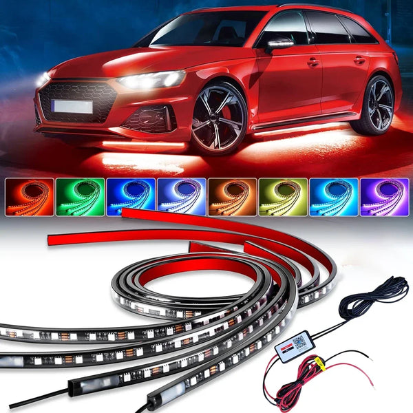 Red RGB car underglow LED strip lights with wires and connectors
