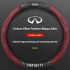 Red leather steering wheel covers with carbon fiber pattern and Infiniti logo printing