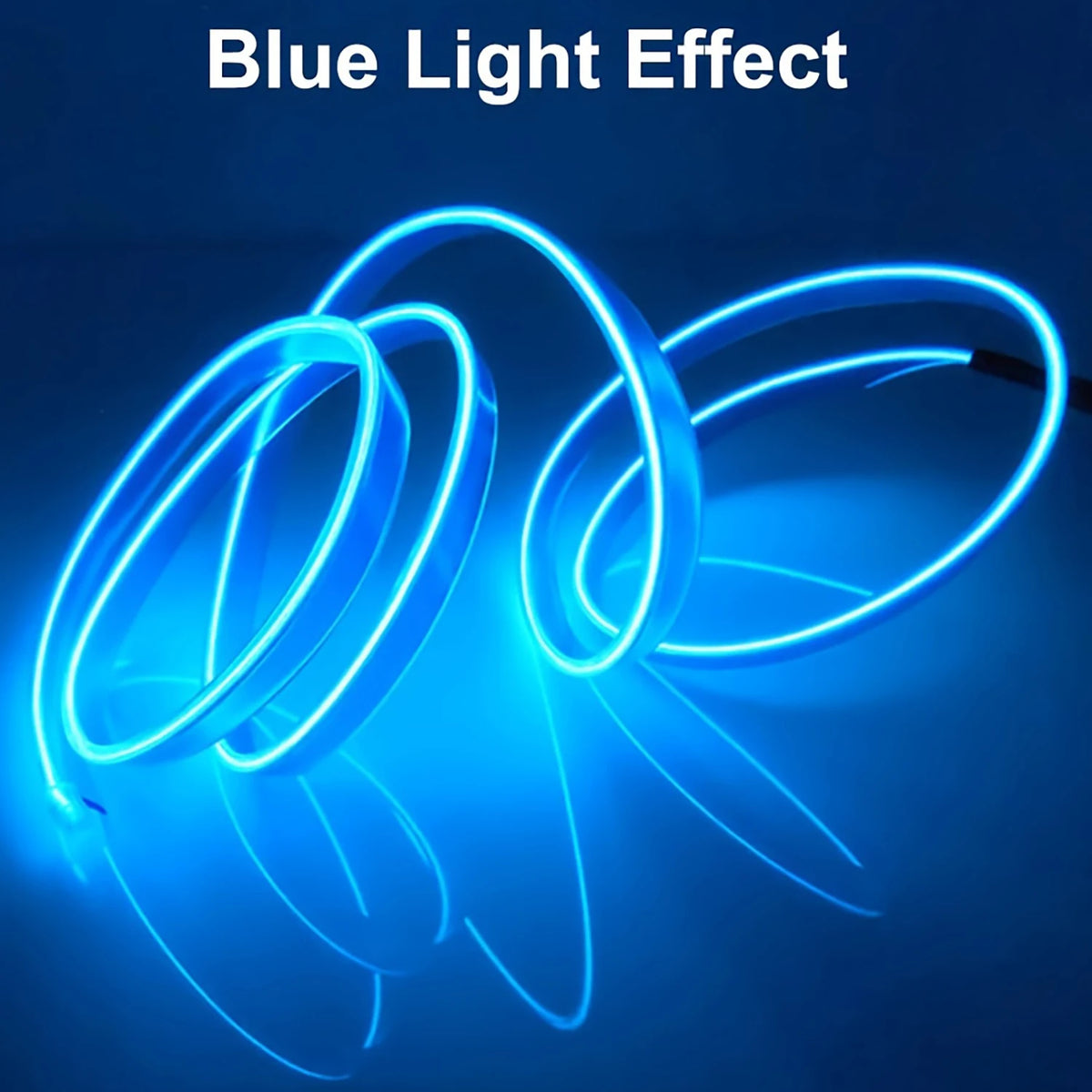 Blue light effect from a flexible USB EL wire ambient light strip illuminating car interiors.