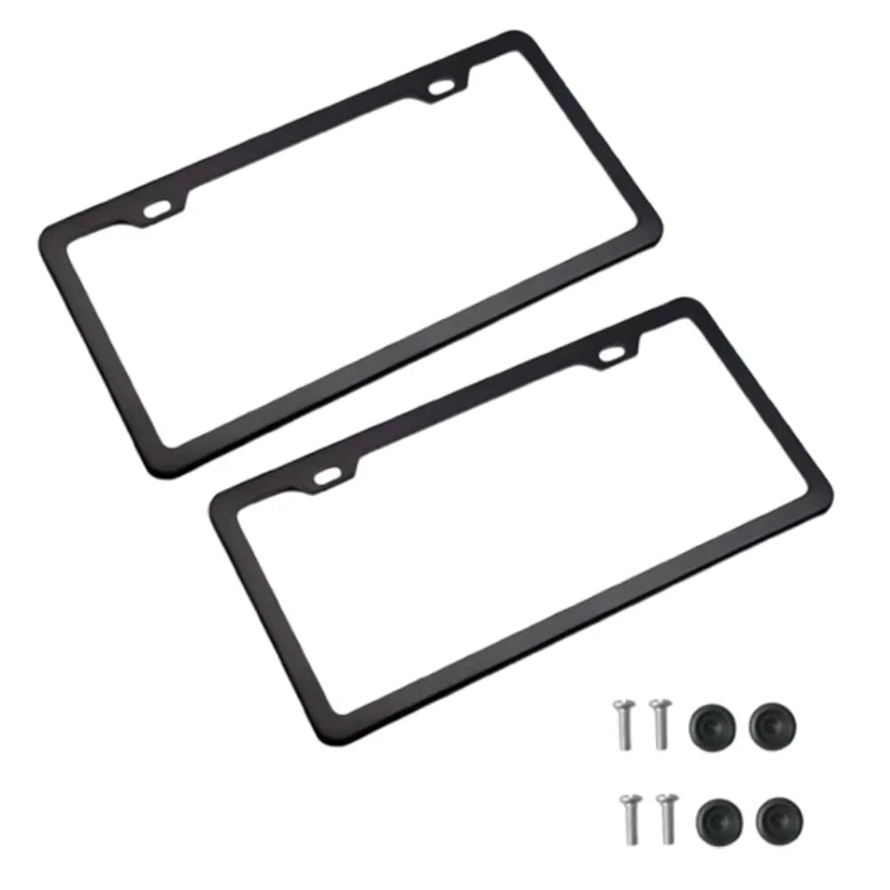 A set of black stainless steel car license plate frames and mounting hardware.