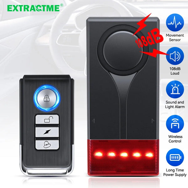 A black wireless car anti-theft vibration alarm device with a round button and an LED light strip.