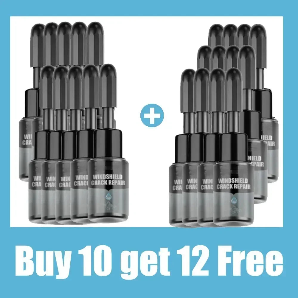A set of ten black windshield crack repair kits displayed in a box with a promotion for buying ten and getting twelve free.