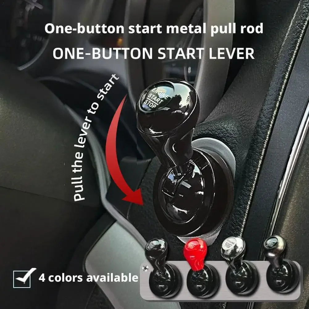 Close-up of a one-button start metal pull rod lever mechanism for a car, showing four available colors.