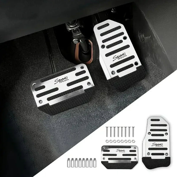 A set of non-slip automatic brake foot pedal covers in silver and black for vehicle use.