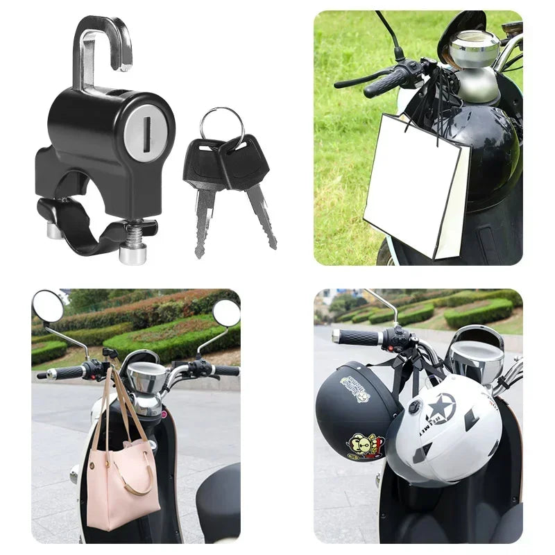 A heavy duty anti-theft helmet lock is shown attached to a motorcycle, with a pink bag visible nearby.