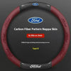 A red carbon fiber patterned nappa skin steering wheel cover for a Ford vehicle.
