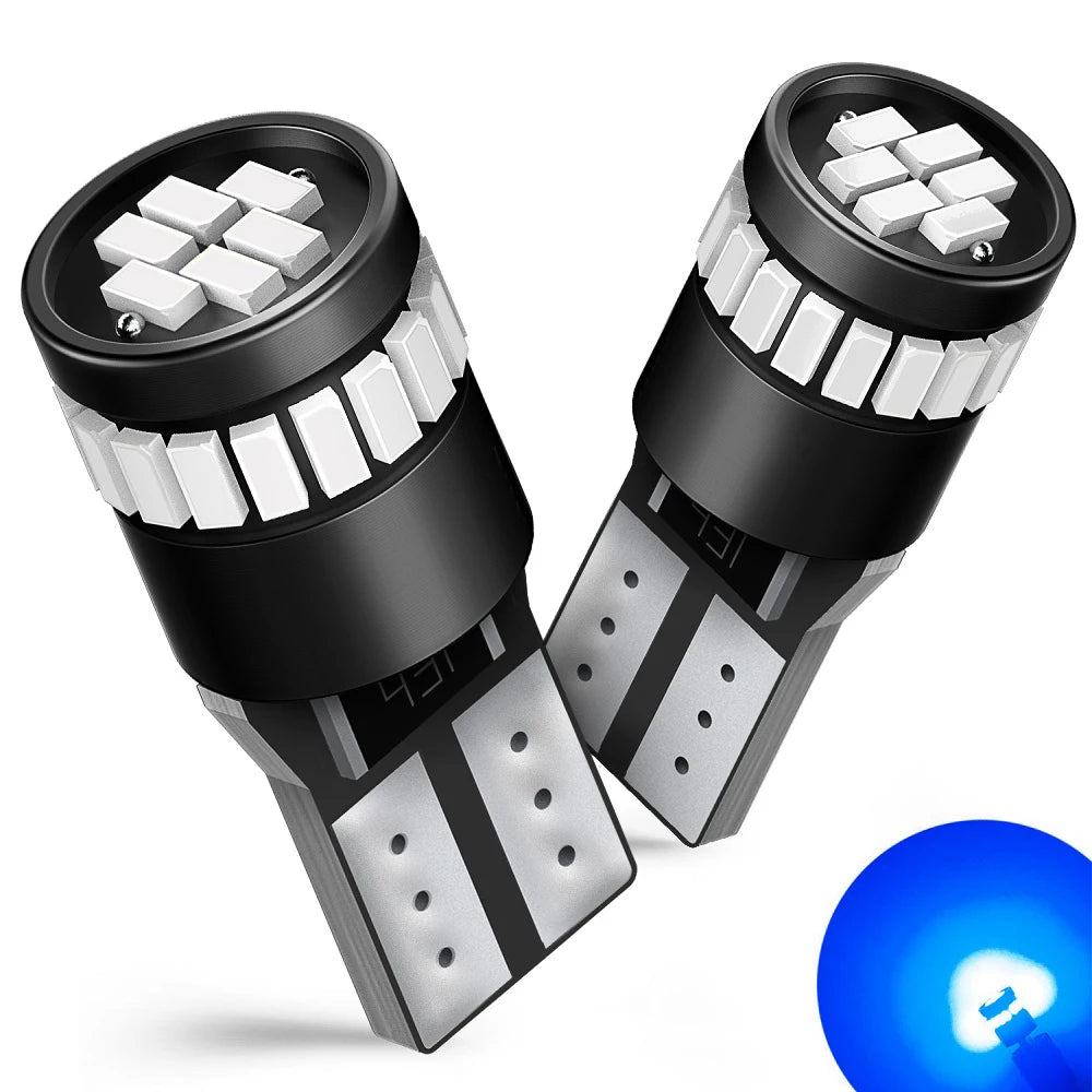 A pair of Canbus error-free T10 LED bulbs for vehicles, showing the front and back views.