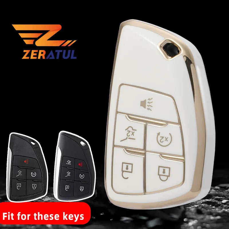 A white multi-function car key cover is shown next to two black keys, designed for GMC, Chevrolet, and Buick models.