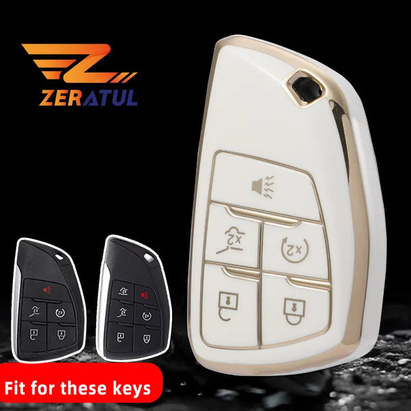 A white multi-function car key cover is shown next to two black keys, designed for GMC, Chevrolet, and Buick models.