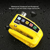 A yellow heavy-duty disc brake lock is shown against a dark background with water droplets, highlighting its waterproof and r