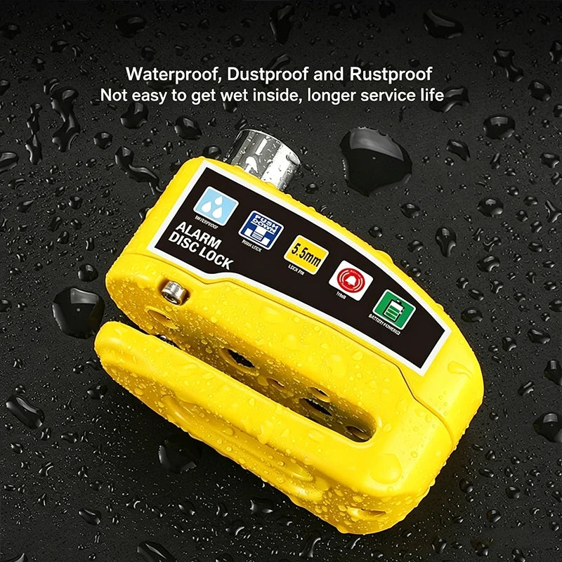 A yellow heavy-duty disc brake lock is shown against a dark background with water droplets, highlighting its waterproof and r