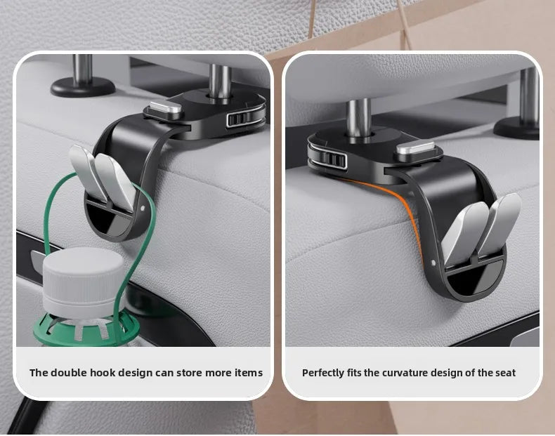 Close-up of dual hook design for a car seat back organizer fitting into the seat's curve.
