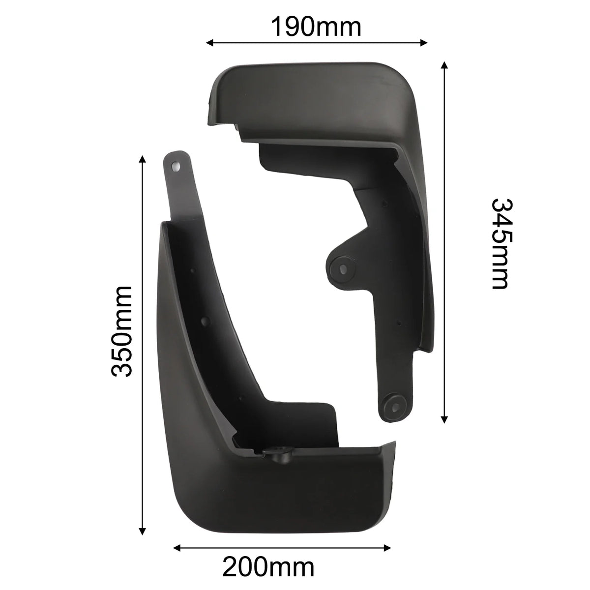 Garde-boues noirs pour Mazda CX-30, avec dimensions.