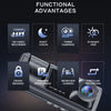 A black dash cam device showing features like HD video recording, night vision, three cameras, dynamic HDR, crash sensing, pa