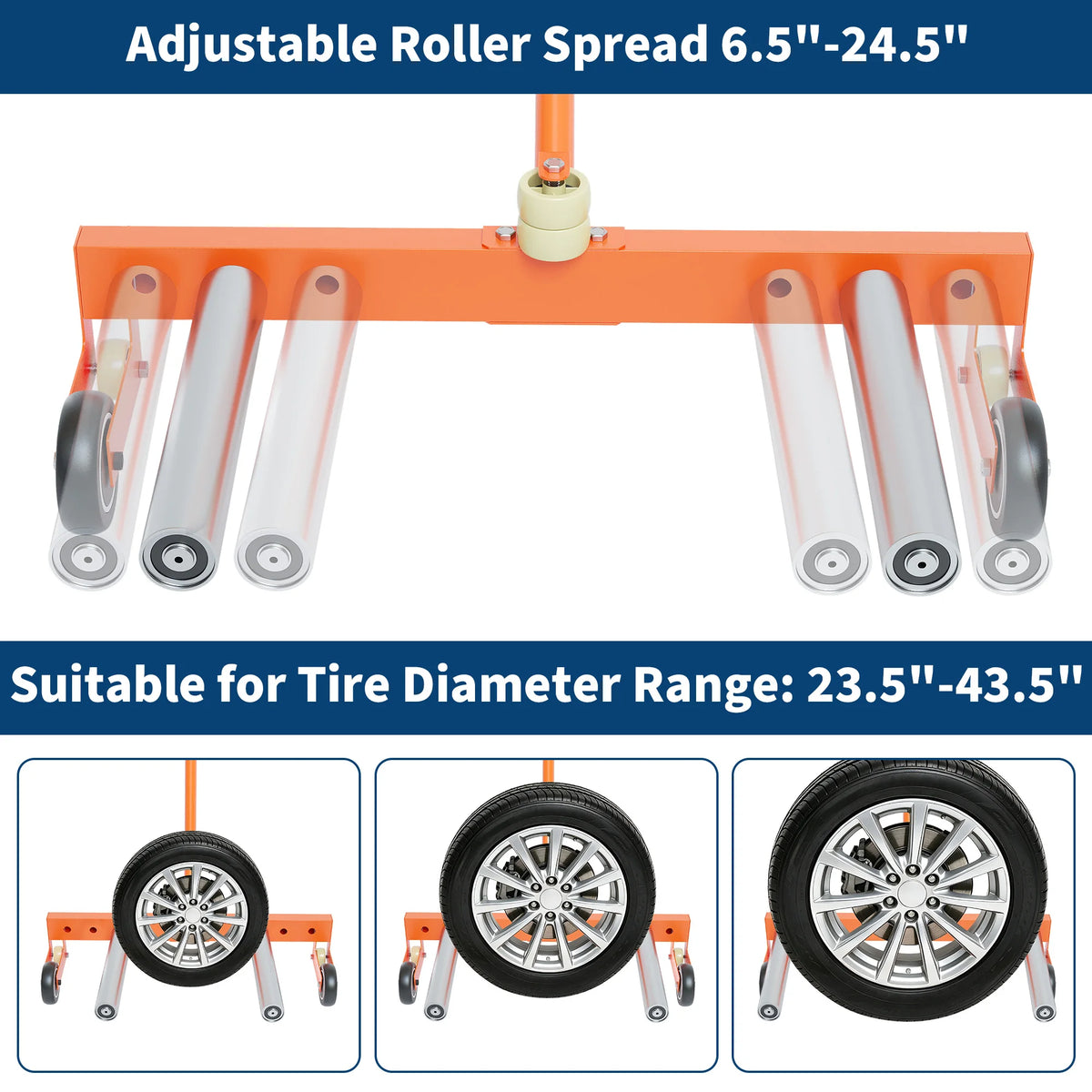 Orange adjustable roller spread tire dolly with multiple rollers suitable for a wide tire diameter range