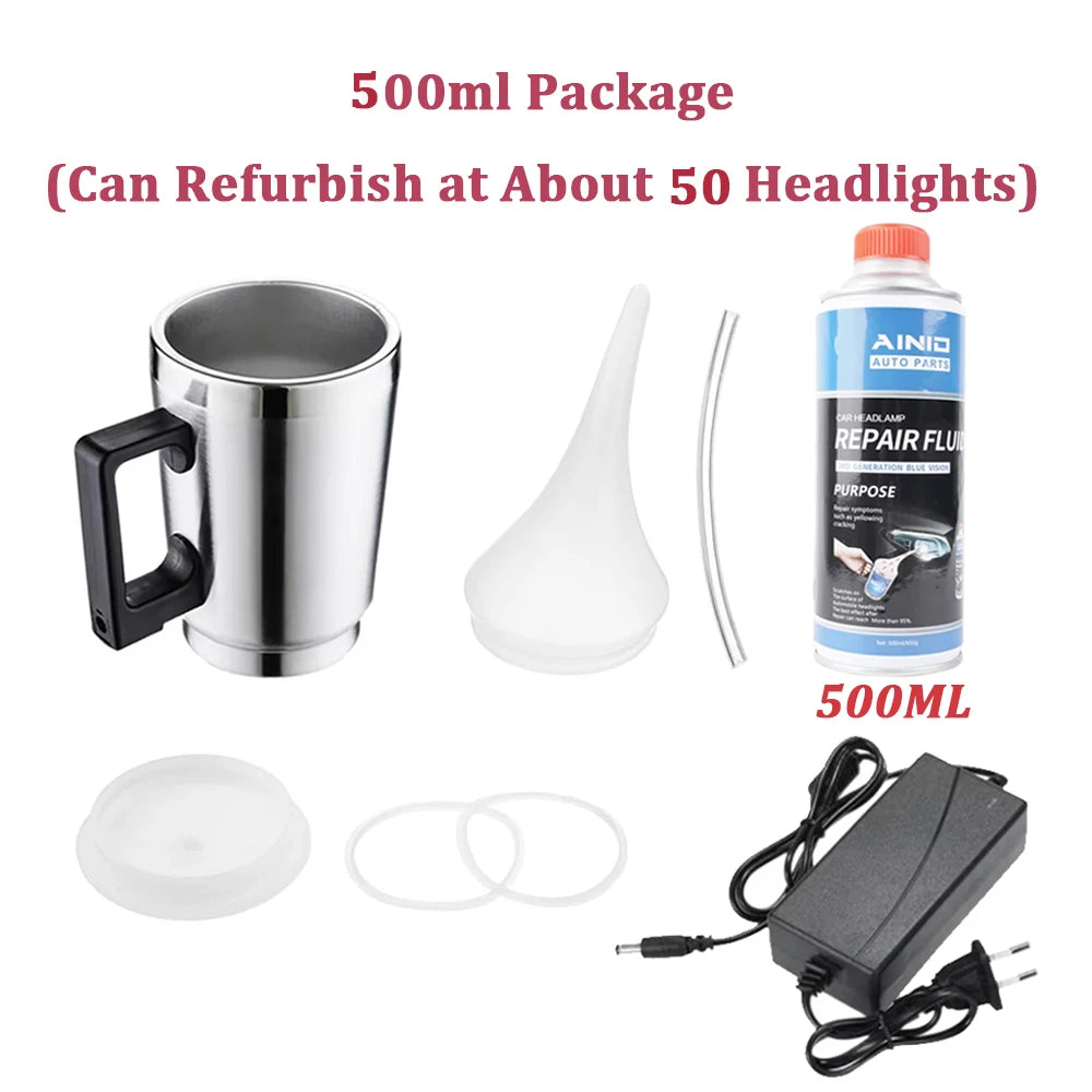 500ml package of headlight repair fluid kit including a metal cup, bulb, and electrical components