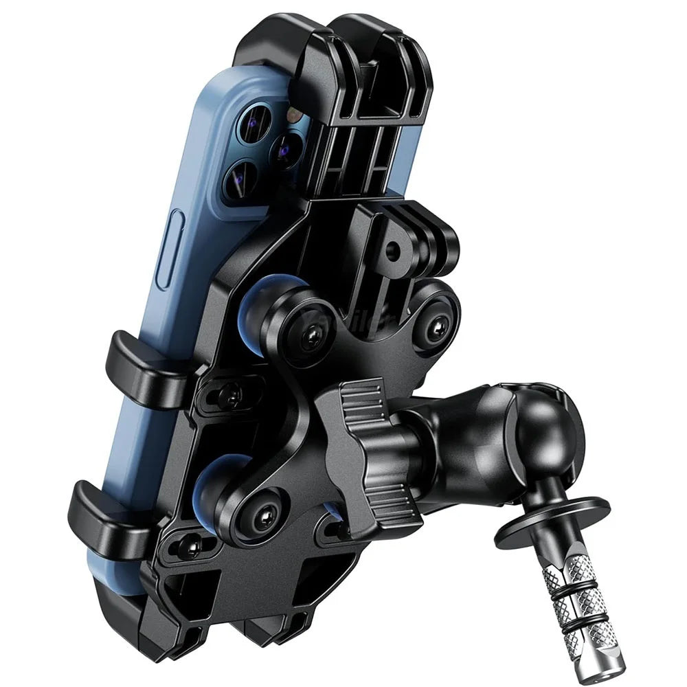 A heavy-duty motorcycle phone mount featuring a fork stem base and black and blue components.