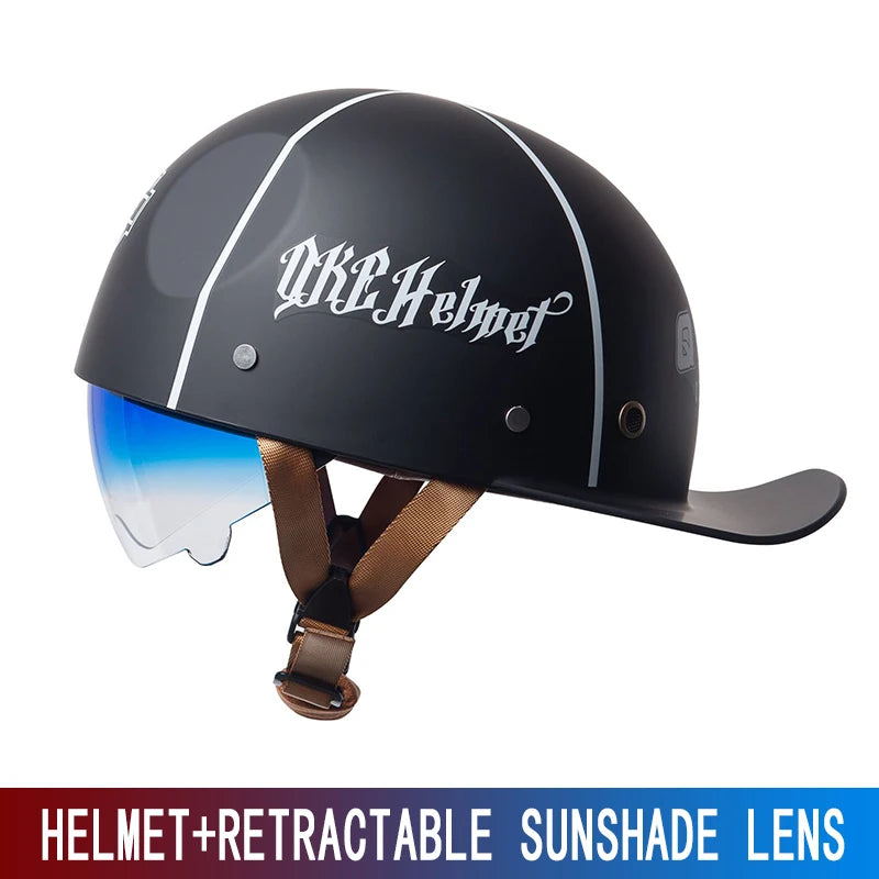 Black retro half helmet with a clear sunglass lens and a retractable visor