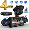A black 4-channel car dash camera with night vision features, showing various angles and recording capabilities.