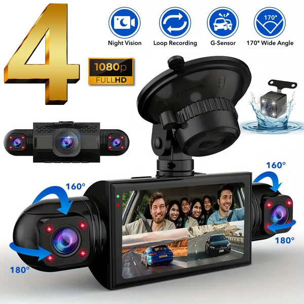 A black 4-channel car dash camera with night vision features, showing various angles and recording capabilities.