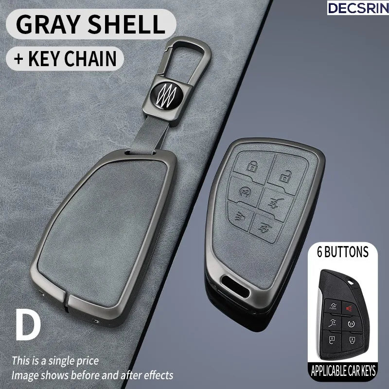 Gray shell multi-button car key case cover with a key chain attached