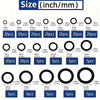 Assortment of rubber O-rings and gaskets in various sizes and thicknesses for automotive air conditioning systems