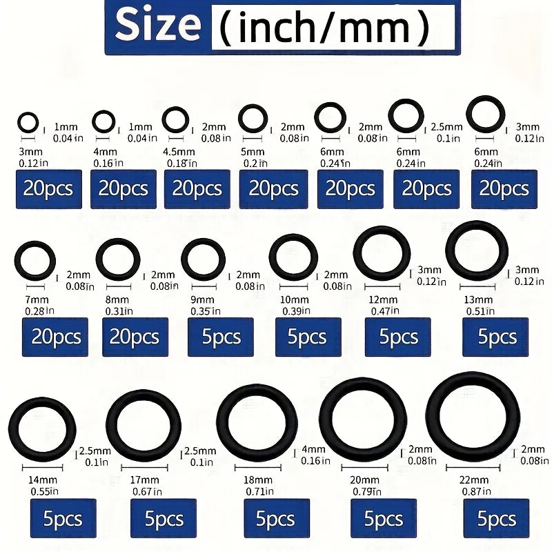 Assortment of rubber O-rings and gaskets in various sizes and thicknesses for automotive air conditioning systems