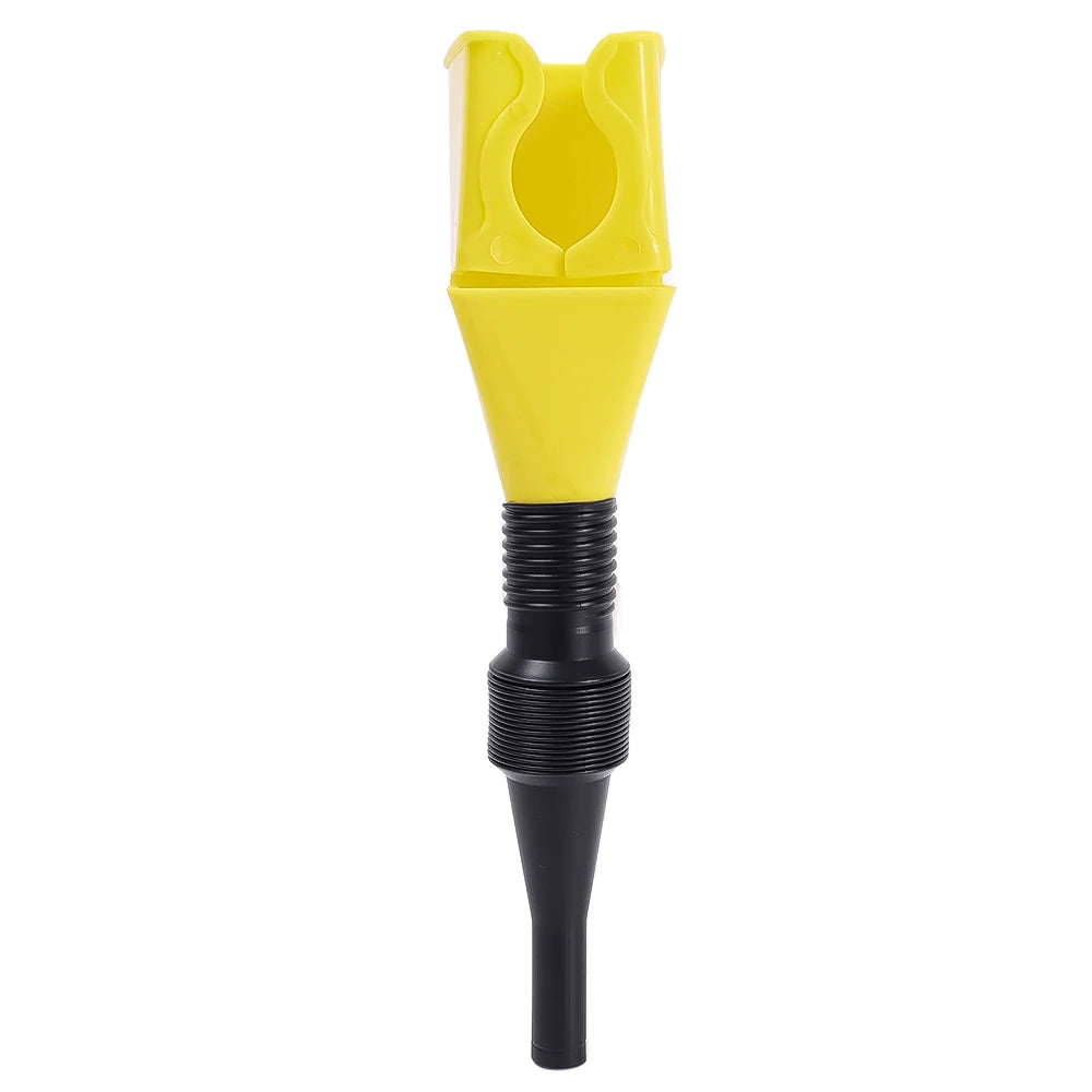 Yellow universal car fuel transfer funnel with a black plastic base