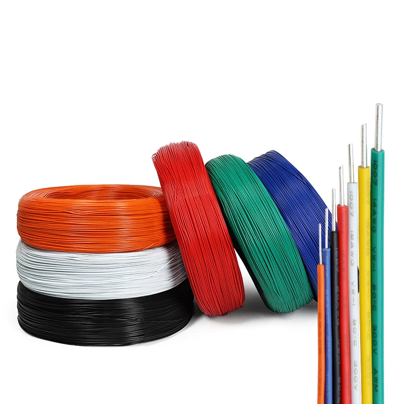 A collection of heavy duty insulated copper power cables in various colors including orange, red, green, blue, and yellow.