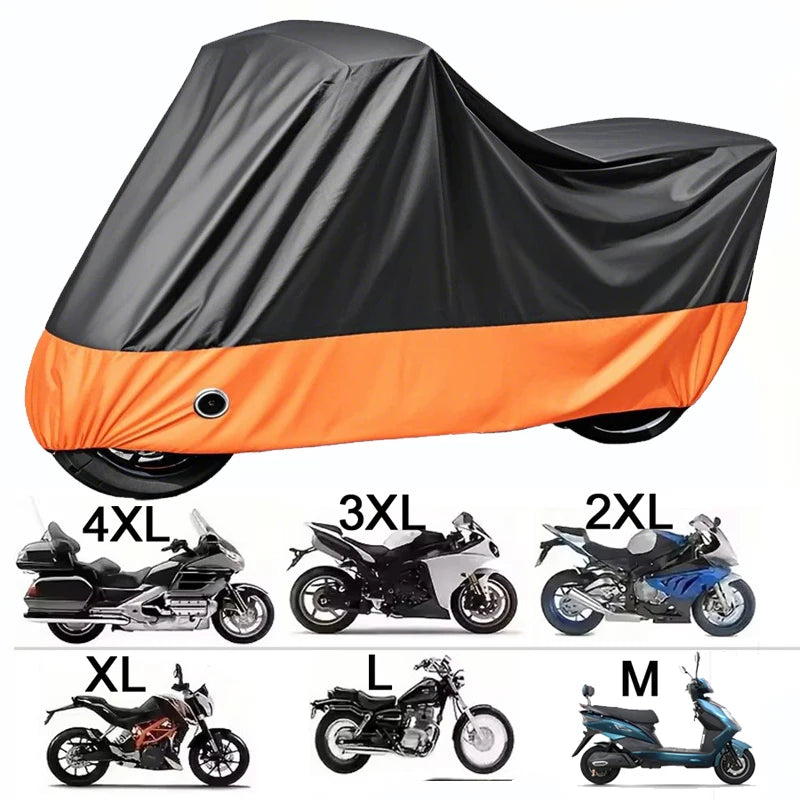 A black motorcycle waterproof protection cover is shown in various sizes and colors, including 4XL, 3XL, 2XL, XL, L, and M.