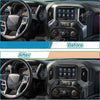 Before and after comparison of a center console navigation panel trim cover for Chevy Silverado and GMC Sierra.