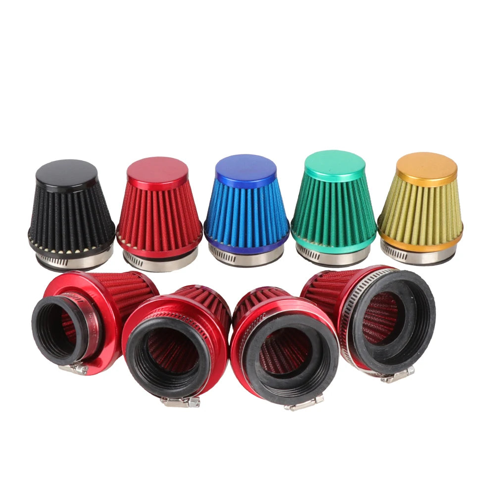 Collection de neuf kits d'induction pour filtre à air de moto dans diverses couleurs, y compris noir, rouge, bleu, vert et