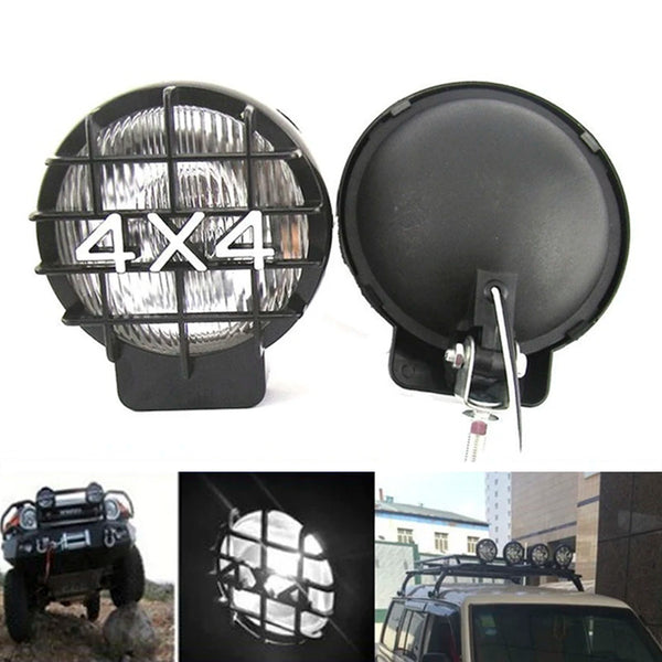 A pair of universal 4x4 fog lights, one in its housing and the other detached, shown alongside an installed version on a vehi