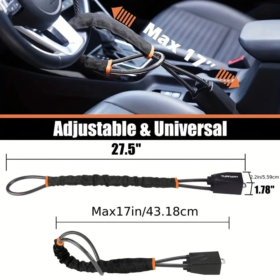 Adjustable universal anti-theft steering wheel lock in black and orange for securing vehicle steering wheels