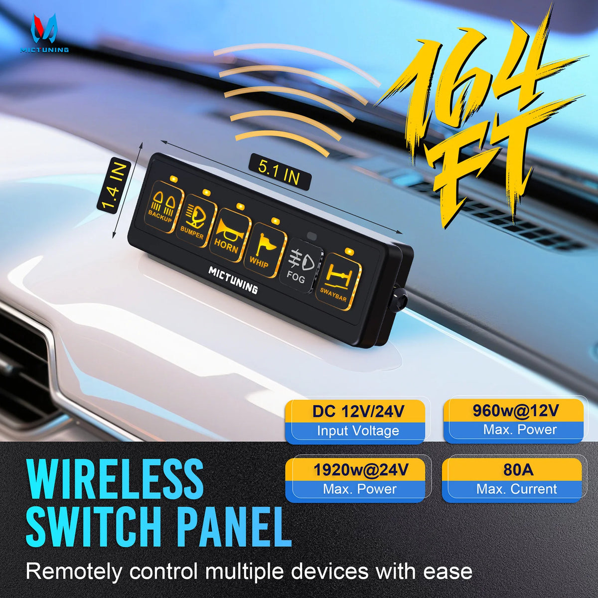 A black wireless switch panel is mounted on a vehicle, used to remotely control multiple devices.