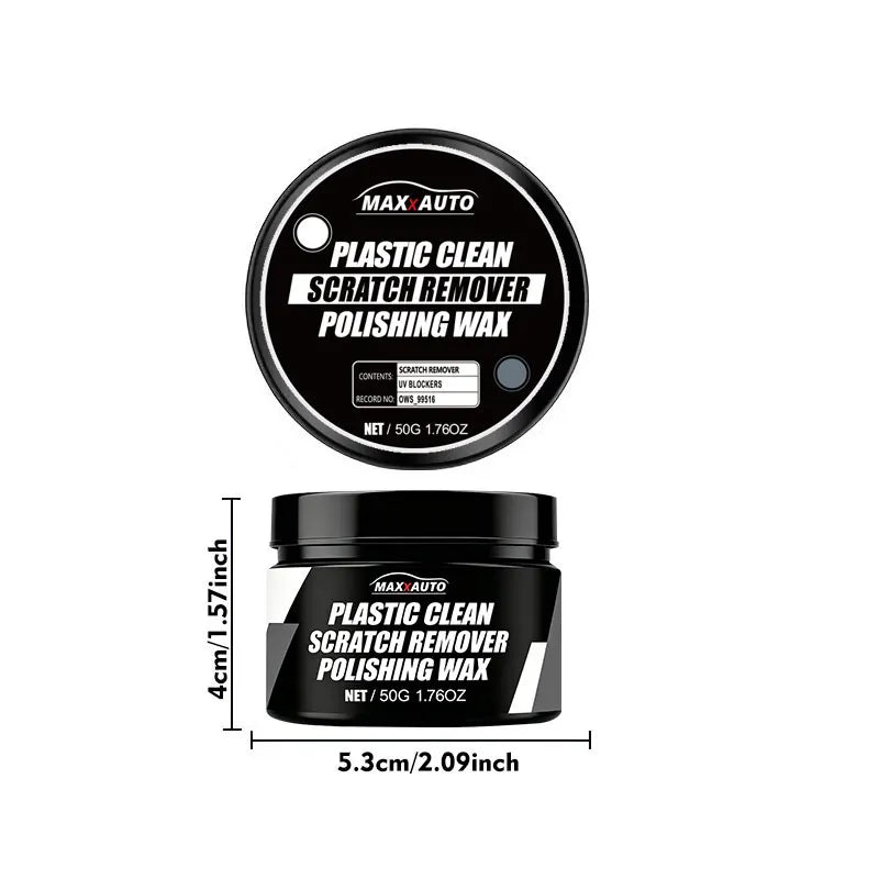 A black plastic clean scratch remover polishing wax product with a label showing Max Auto branding.