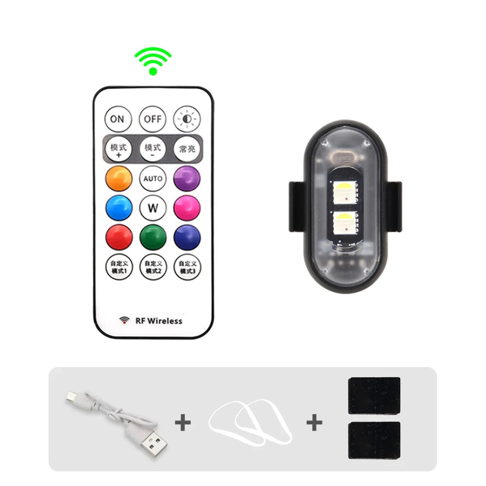 Set von mehrfarbigen RGB-Warn-Stroboskoplichtern für Fahrzeuge und Flugzeuge, mit Bedienfeld und separatem Licht.