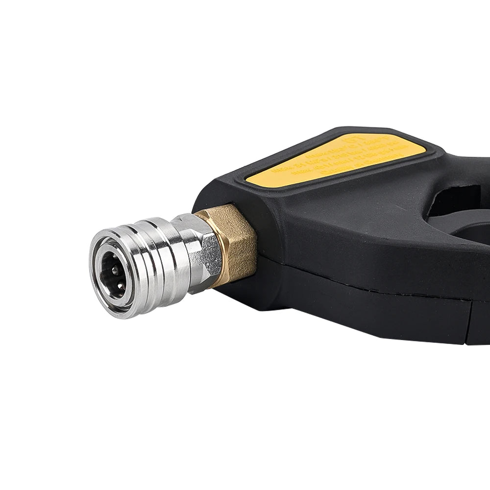 A black high-pressure short trigger spray gun with a 1/4 inch quick connector and yellow grip.