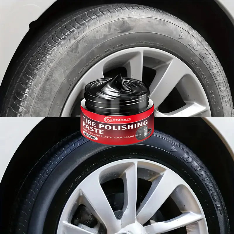 A black jar of tire polishing paste is shown next to a close-up view of a car wheel rim.