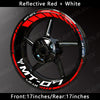 Reflective red and white decals on a motorcycle wheel for the Yamaha MT-07.