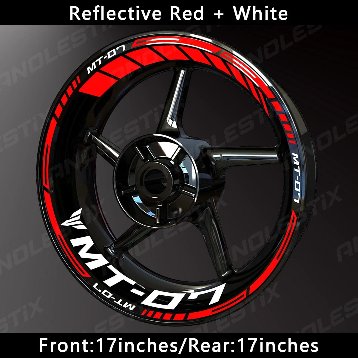 Reflective red and white decals on a motorcycle wheel for the Yamaha MT-07.