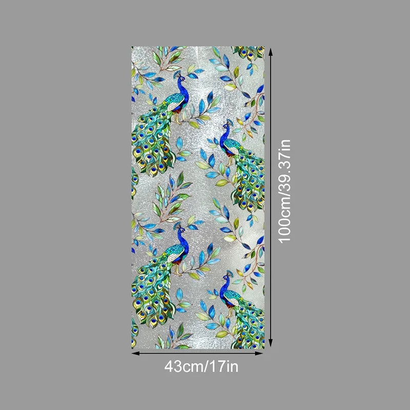 Decorative PVC stained glass window film featuring vibrant green and blue peacock patterns on a silver background