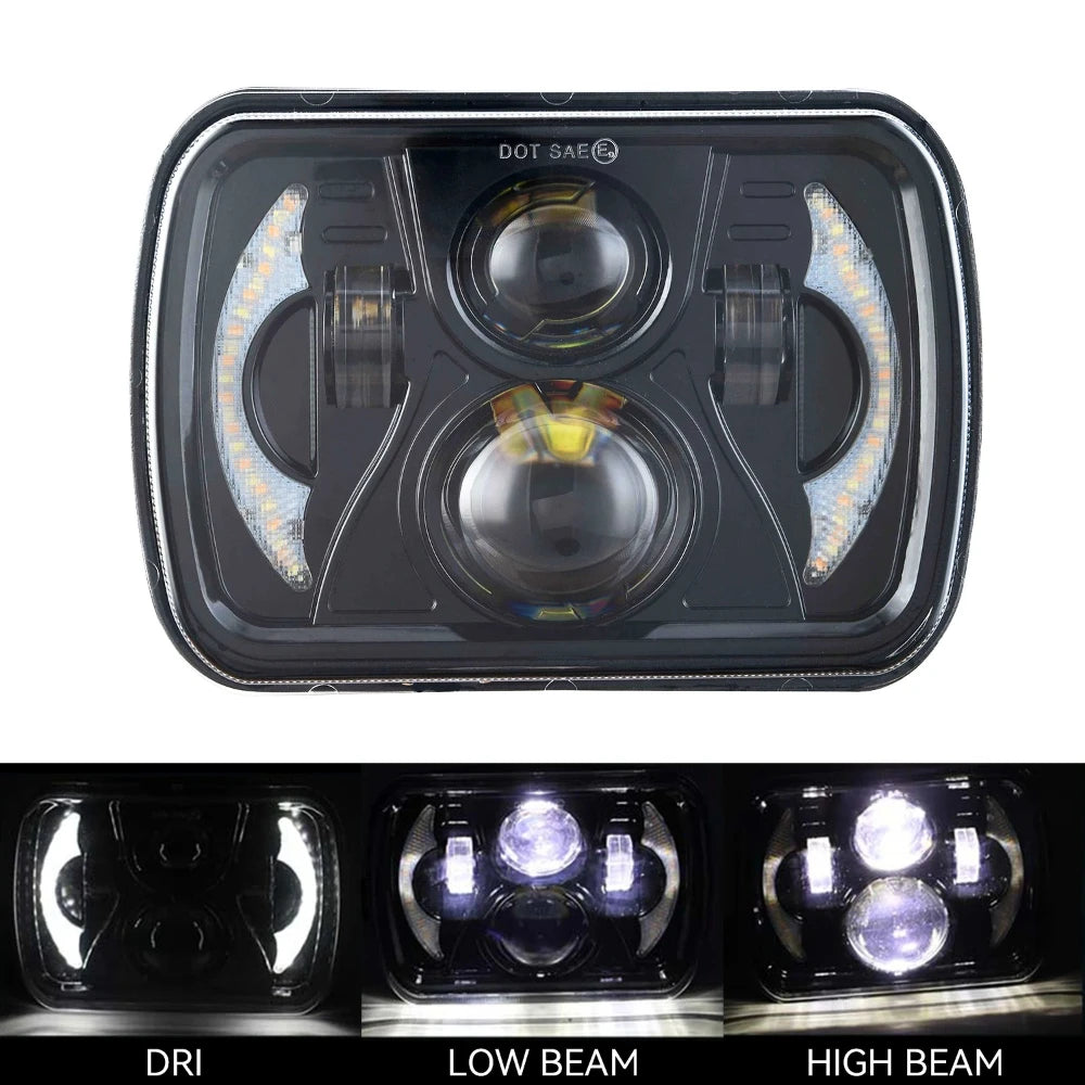 A square LED headlight assembly showing different light modes including DRI, Low Beam, and High Beam settings.