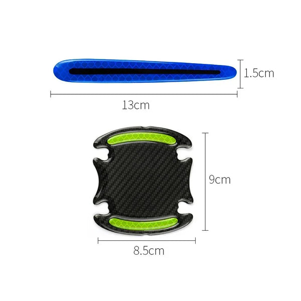 A blue reflective door handle protector strip shown with dimensions of 13cm long and 1.5cm wide.